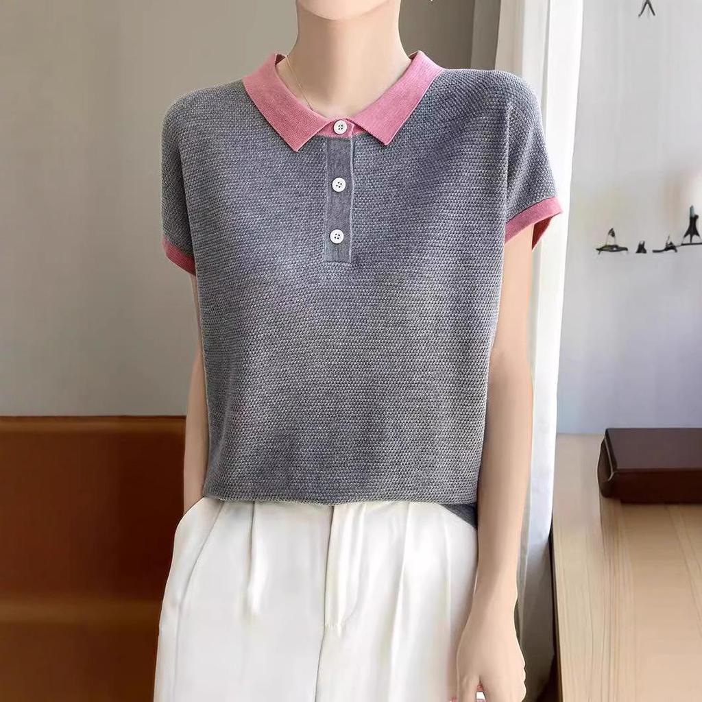 Women's Tencel Colorblock Polo Collar Short-Sleeve Contrast T-Shirt – Stylish, Loose, Age-Reducing Summer Top