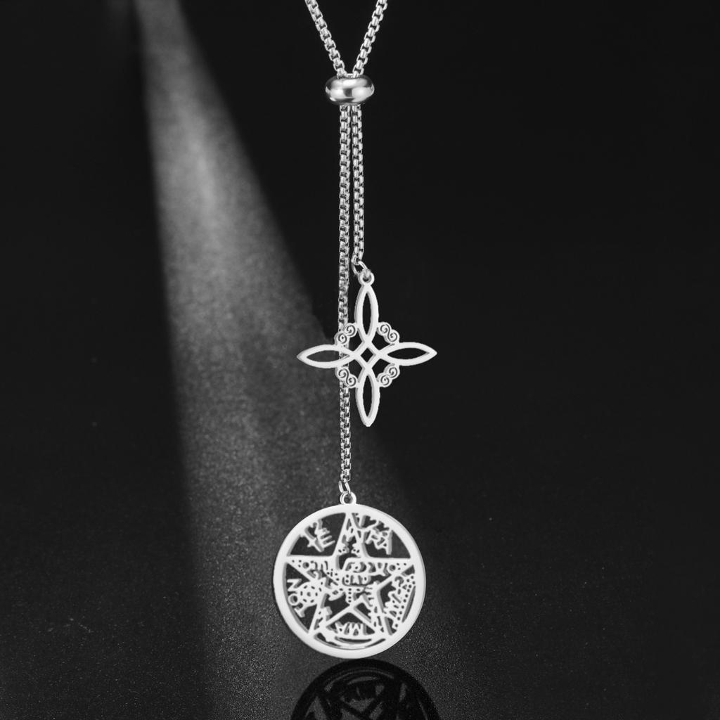 Jeshayuan Witchcraft Pentagram Necklace Women Stainless Steel Tetragrammaton Necklace Long Sweater Box Chain Necklaces Jewelry