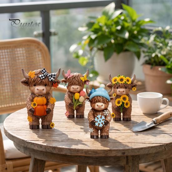 Charming Animal Figurine 4 Pcs Seasonal Highland Cow Figurines, Spring Summer Fall Winter Cute Desk Decor for Office Seasons Scottish Statue,