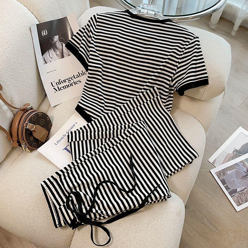 Women's Fashion Black Striped Summer Two-Piece Set: Casual Short-Sleeved Top and Wide-Leg Shorts
