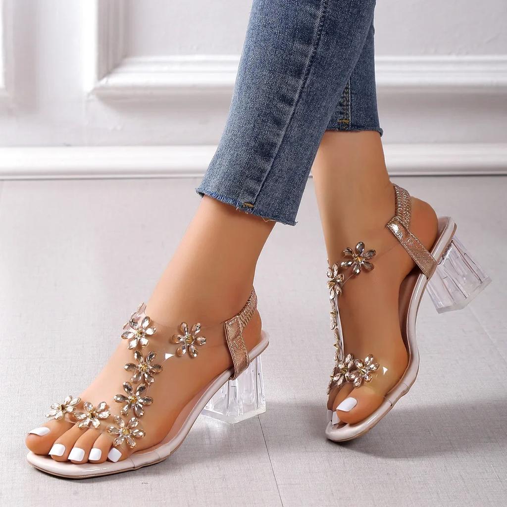 Fashion Ladies Zapatos 2025 Summer Pvc Crystal Flower Chunky Heel Peep Toe Back Strap Elastic Elegant Fashion ShoesWomen Sandals