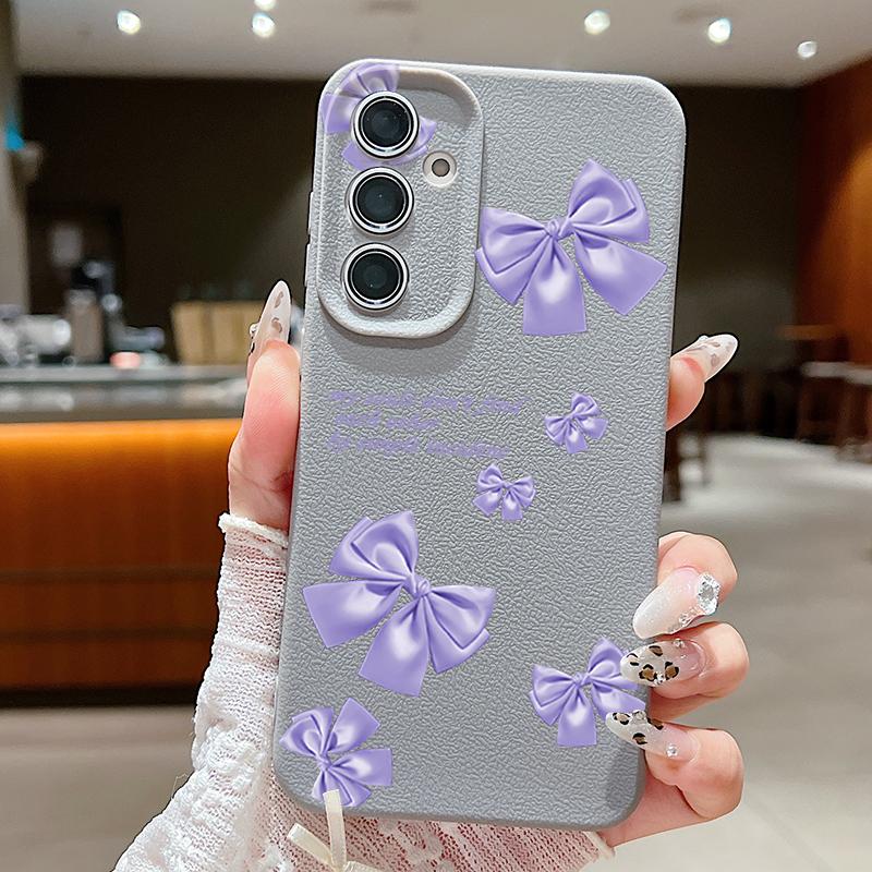 Purple Bowknot Pattern Leather Texture Plain Color Shell for Samsung S25 Ultra S24 Fe S23 S22 A56 A16 A15 A55 Soft Silicone Shockproof Matte Case