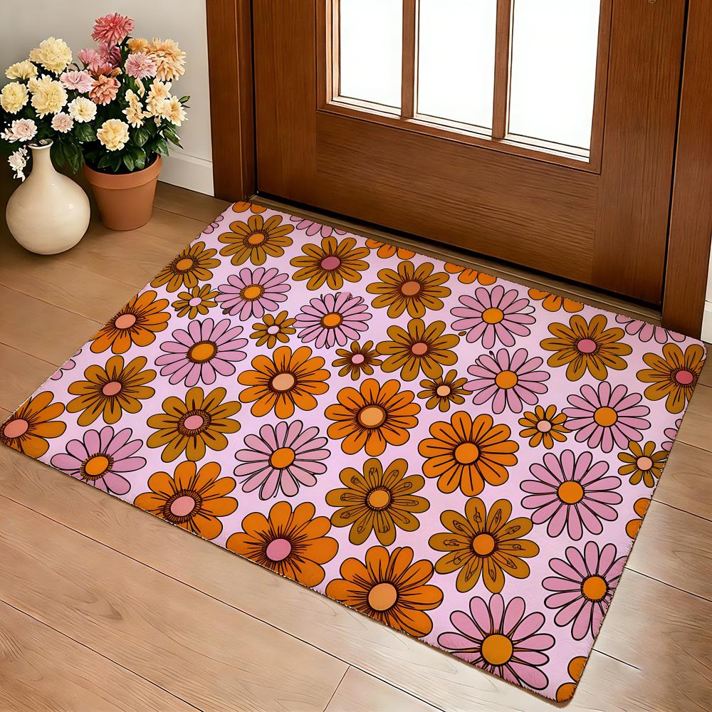 Groovy Flowers Floor Mat Cozy Flannel Soft Thick Non-Slip Mat For Living Room Bedroom Kitchen Decor Rugs