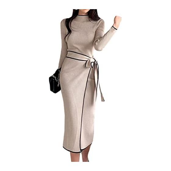 [JINZUOMA] Women s Knit Dress, Dress, Sweater, Long Sleeve Dress, Tight Dress, Long Dress, Spring, Autumn, Fashion, Simple, Elegant, Party, Date,