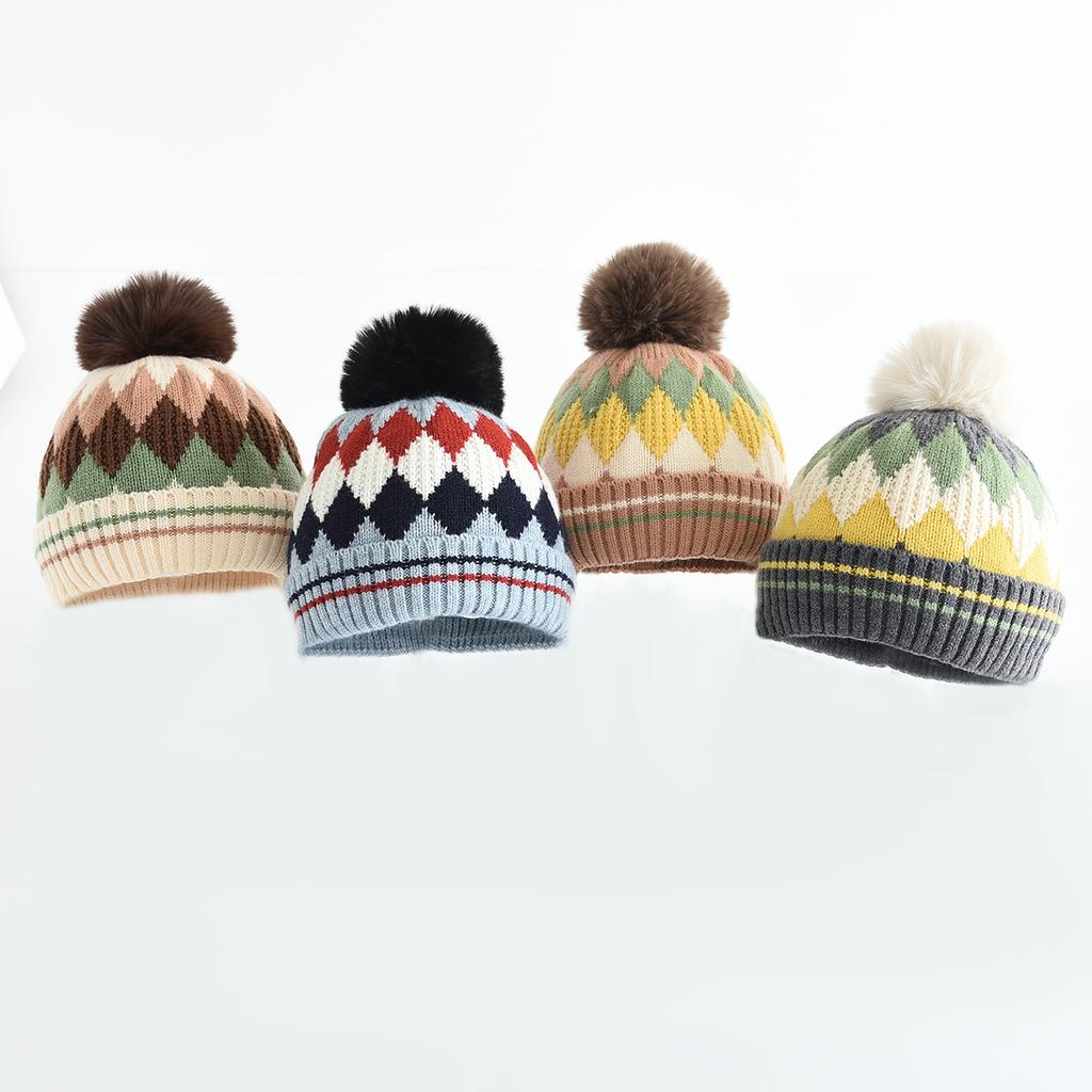 Children's Knitted Wool Hat Parent Child Diamond Grid Warm Hat