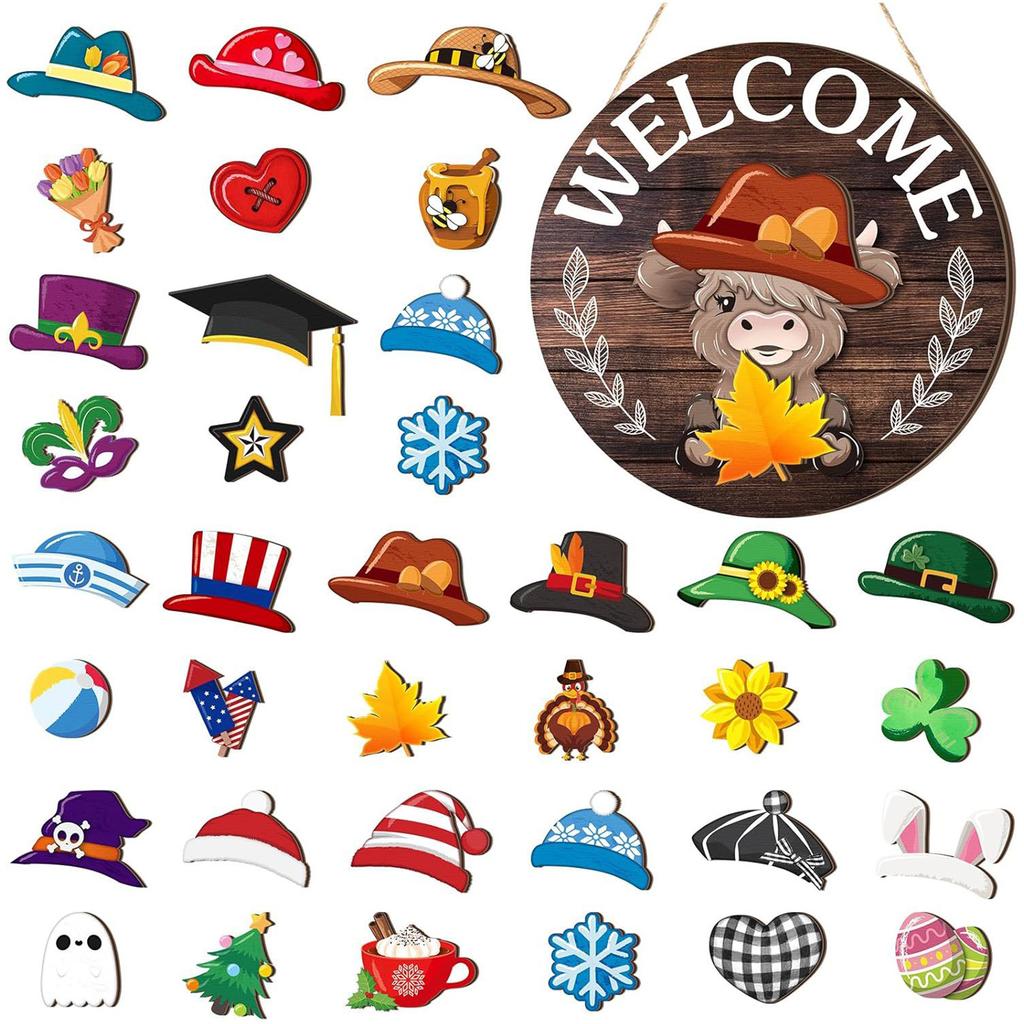 Halloween Gnome Welcome Sign with Magnetic Removable Hats DIY Gnome Door Sign Decor Multi-Purpose Creative Wood Decoration Plate