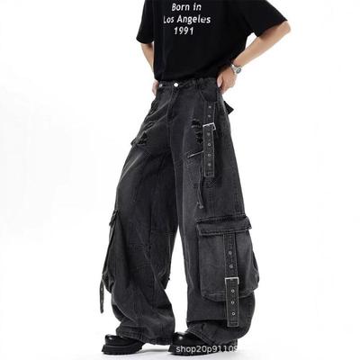 Zware Deconstructie Streamer Tooling Jeans Heren en Dames Herfst High Street Multi-pocket Gescheurde Wijde Pijpen Broeken