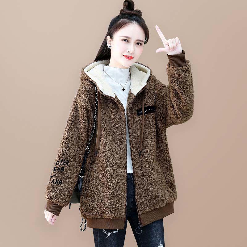 

Женское пальто из овечьей шерсти с флисовой подкладкой: Свитшот с капюшоном свободного кроя Весна/Осень 2025. XXXXL (160-180 lbs) кофейный