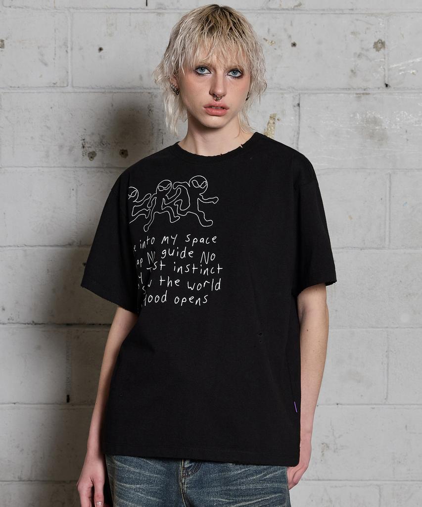 HOODHOOD Three Alien Damaged Short Sleeve T-Shirt Black