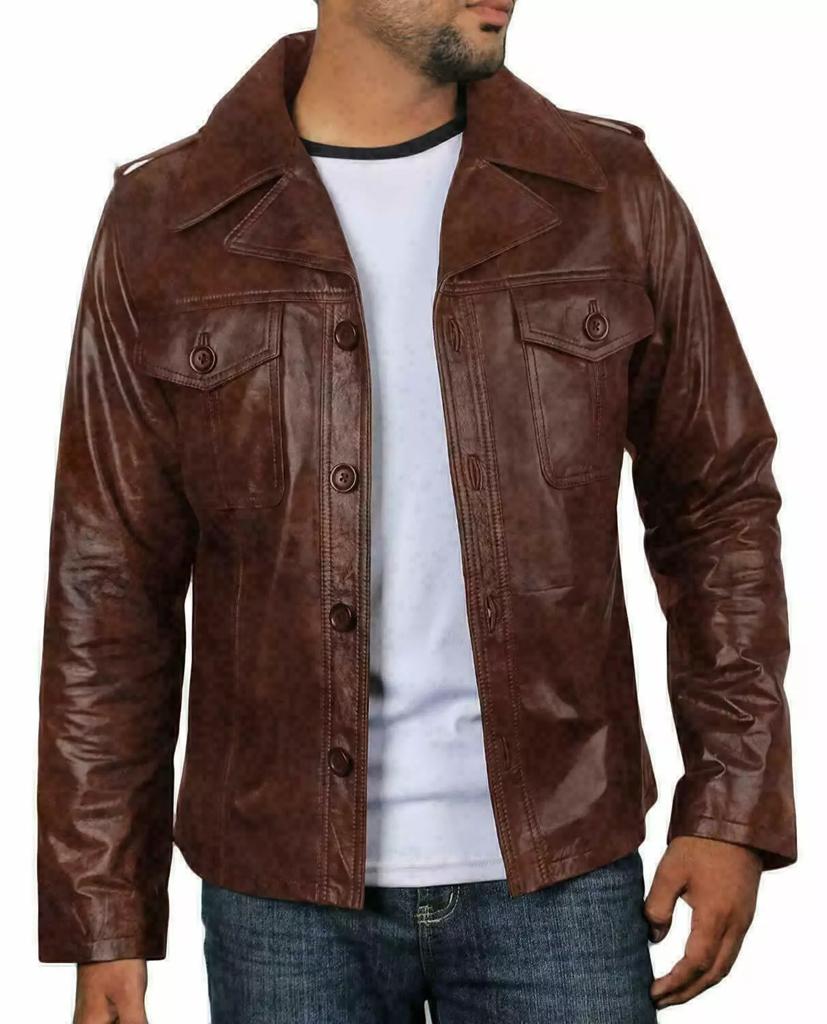 Genuine Leather Lambskin Formal Stylish Classic Casual Men Brown Shirt Handmade