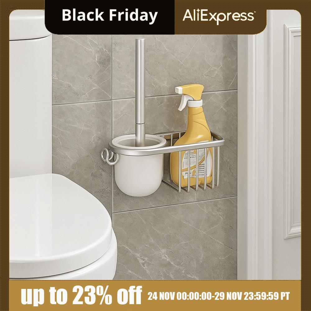Rustproof Toilet Brush Holder Nail Free Installation Hygienic Wall-Mounted Toilet Brush with Hook No Dead Angle Toilet Brush