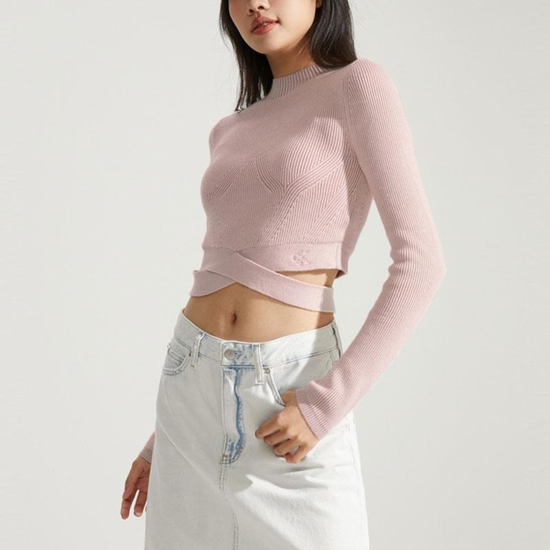 Calvin Klein Solid Color Round Neck Embroidered Hollow Knit Sweater Women sweater Shell-Pink J222945