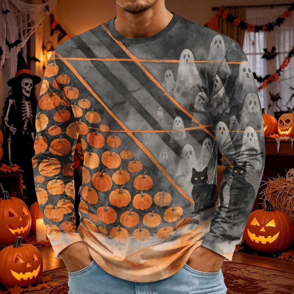 Men's Long Sleeve Halloween Print T-Shirt with Round Neck, Fashion Top for Halloween Events