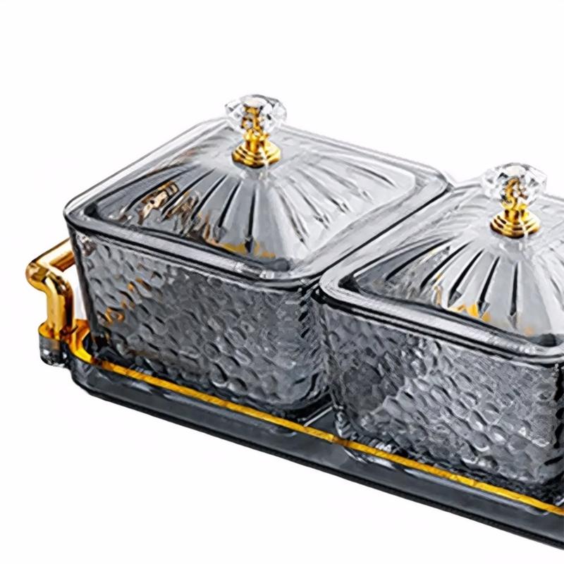 Glass 3 Section Snacks Organizers With Protective Lid And Tray and Removable Bowls For Kitchen Dining Room Display