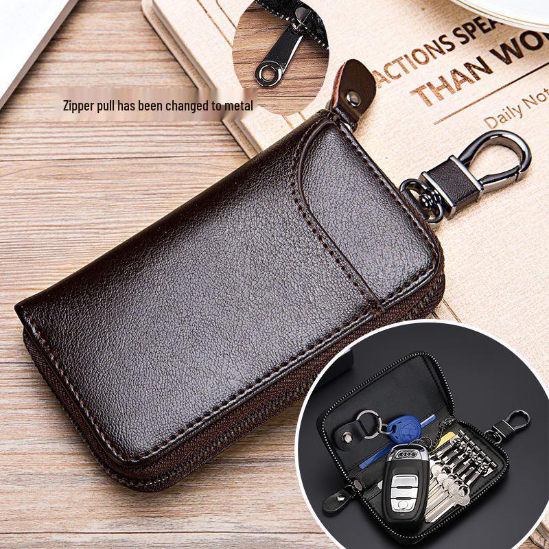 Men's Large Capacity Genuine Cowhide Key and Card Holder with Zipper