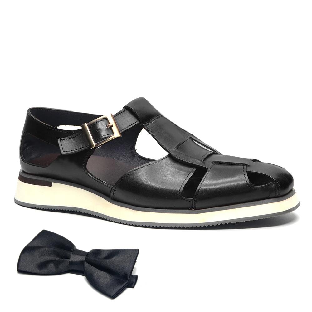 

XEBOS Men s Sandals Genuine Leather Cowhide Summer Outdoor Flat Shoes Casual Sneakers Buckle Strap Black Brown Male Footwear 46