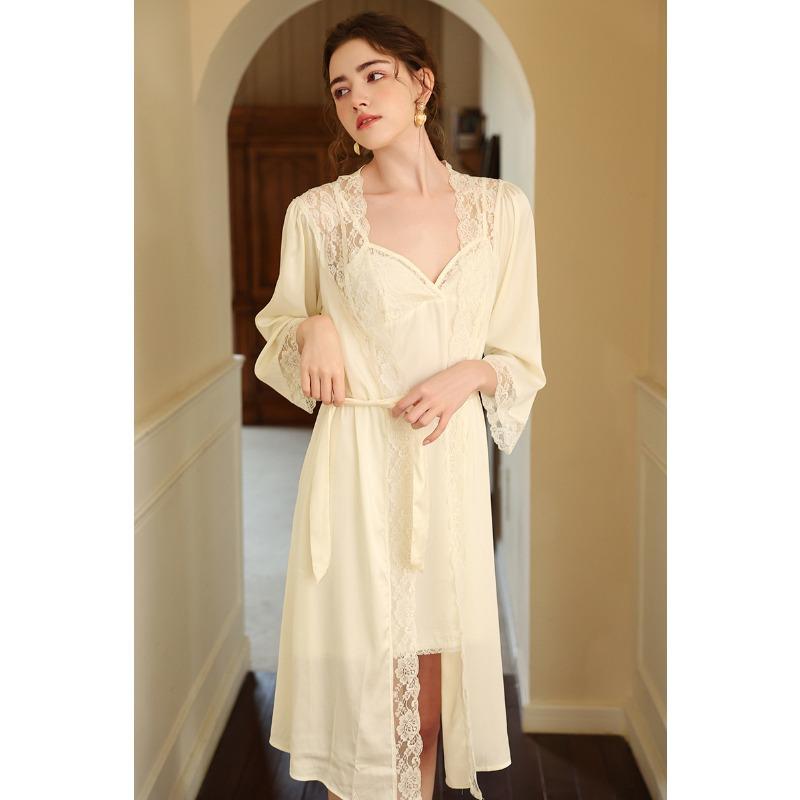 Sexy pajamas women's spring, autumn and summer new lace temptation pure desire wind French long nightgown nightgown two-piece set in stock