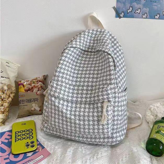 Chic Houndstooth Backpack For Women Korean Style High School College Girl Casual Trendy Bag