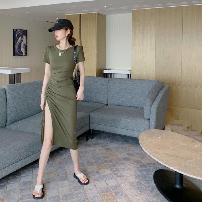 New Summer Temperament Drawstring Slit Dress for Women's Waist-length Mid-length Slim Hip-packing Skirt