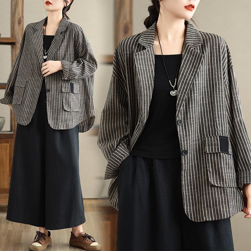 Dimanaf 2025 New Women Coat Stripe Jackets Linen Thin Vintage Outerwear Long Sleeve Spring Loose Button Coat
