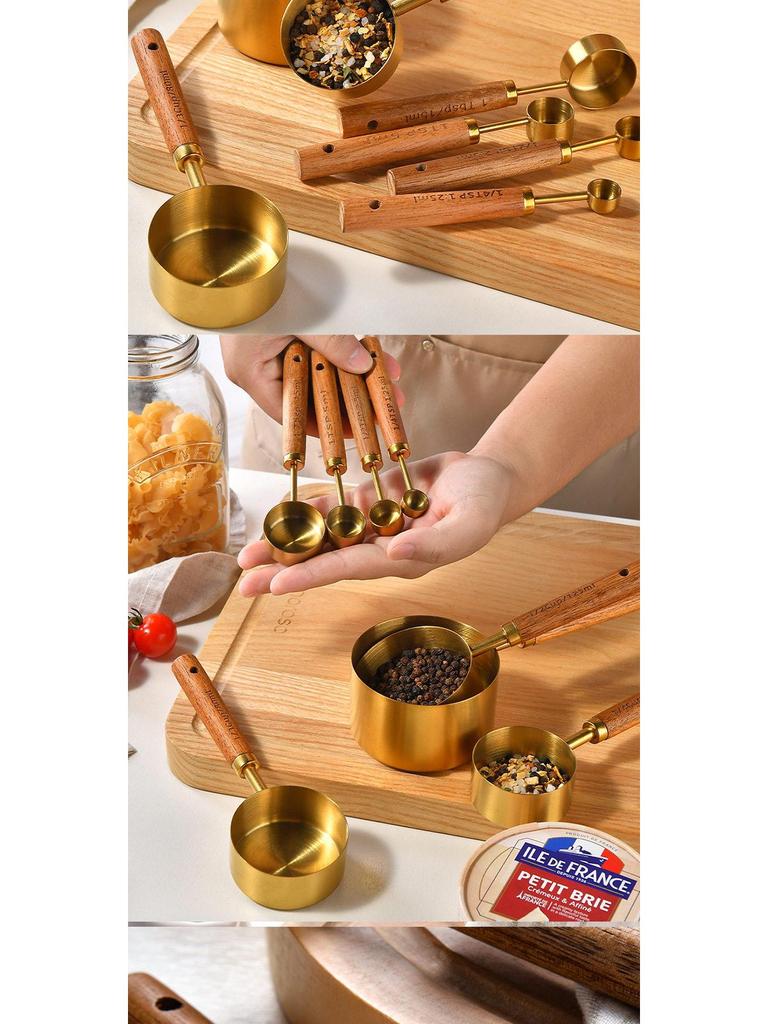 8-Piece Rose Gold Stainless Steel Measuring Spoon & Cup Set with Acacia Wood Handles