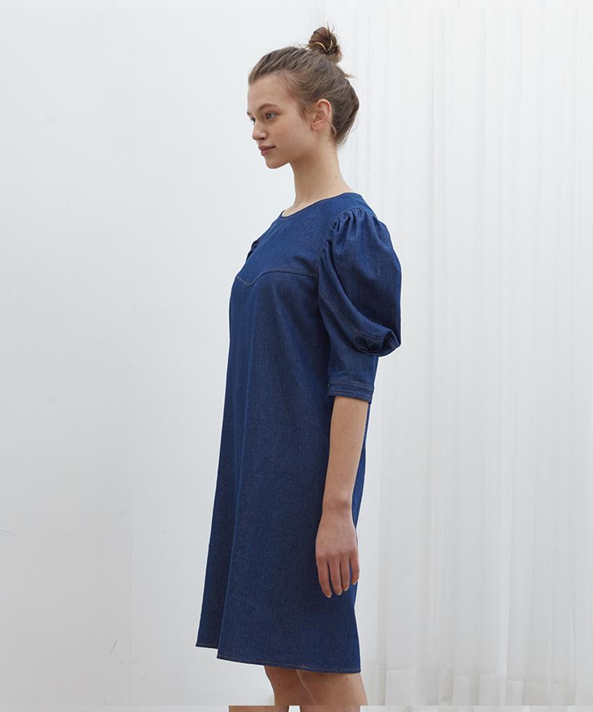 Near And Dear Puff Sleeve Denim Dress Blue