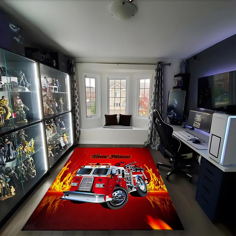 1PC Custom Name Fire Truck Adventure Theme Floor Mat Ideal for Living Room, Game Rooms, Office, Bedroom, Office Floor Mat , Floor Mats for Home
