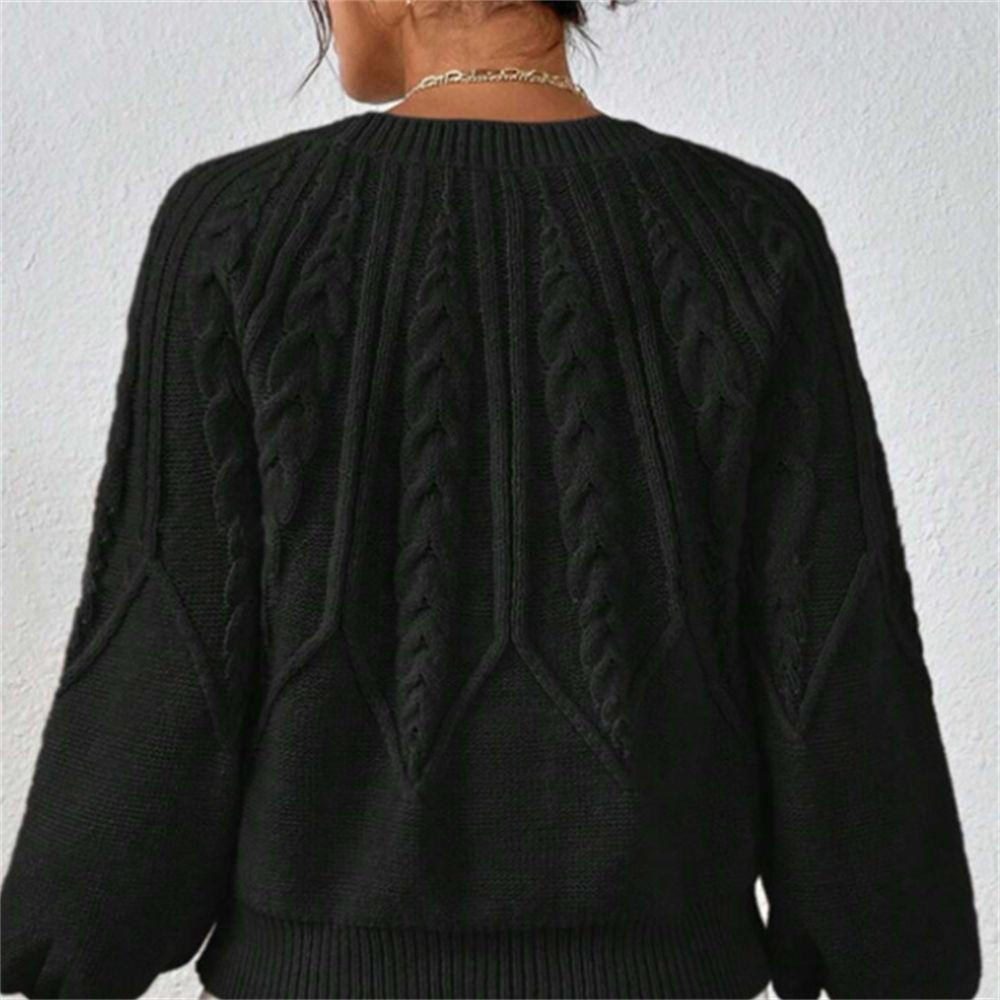 Women's Autumn/Winter Solid Color Cable Knit Sweater, Loose Crew Neck Lantern Sleeve Versatile Knit Top S-XL