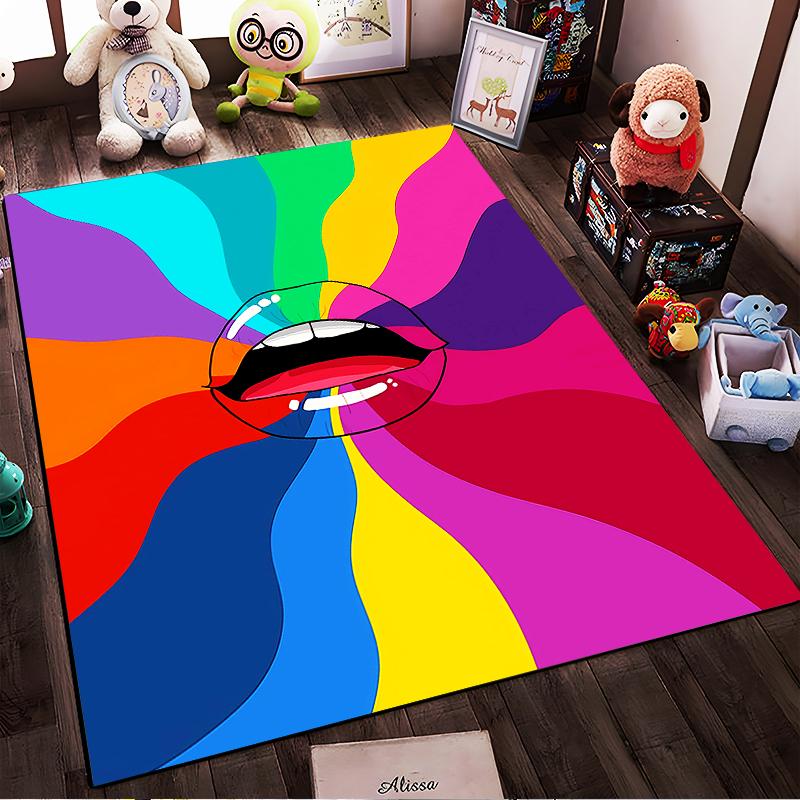 Colorful Abstract Lips Pattern Carpet with Rainbow Wave Design Rug. Suitable for Use As an Anti-slip for Living Room Bedroom Sofas