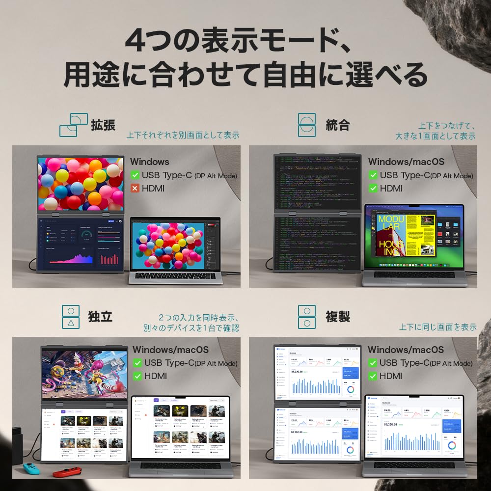 Upperizon Dual Mobile x 2 Matte sRGB WUXGA x Adjustable with VESA x Compatible with USB Portable Display Monitor, 14-inch Screens, Driver-Free, IPS,