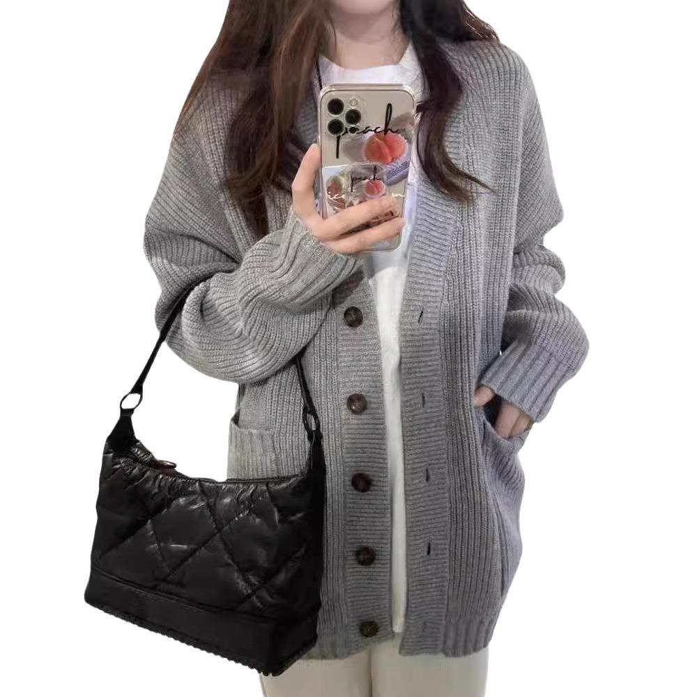 Retro Autumn and Winter College Style Pocket Lazy Style New Loose Casual Knitted Cardigan V-neck Sweater Jacket Women's Trend
