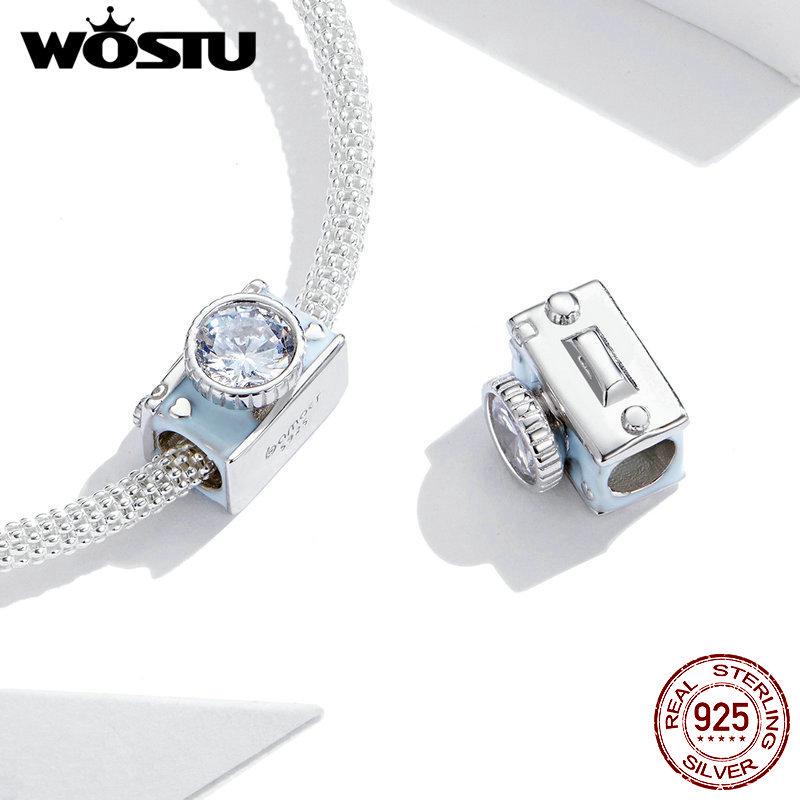 WOSTU 925 Sterling Silver Shiny Zircon Blue Camera Photograph Beads DIY Women Bracelet