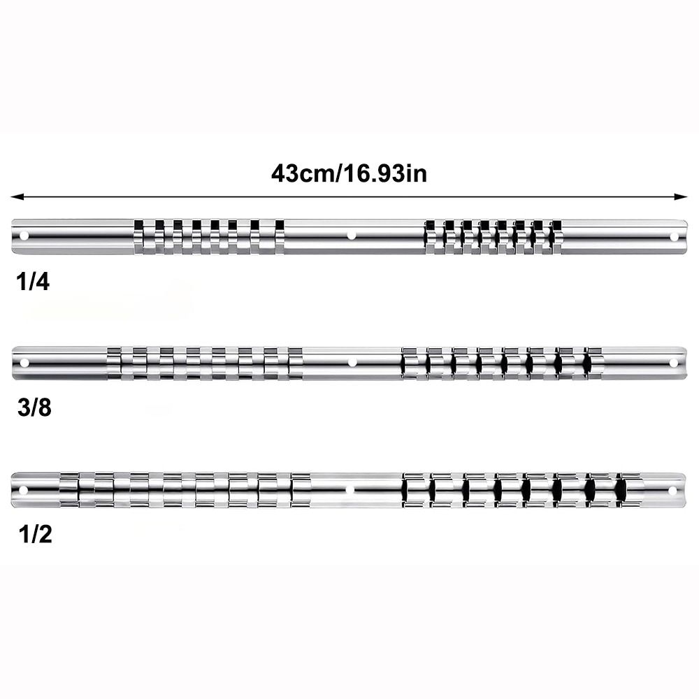 New 1/4 3/8 1/2 Inch Socket Storage Rack Stainless Steel With 16 Clips Socket Rack Socket Rail