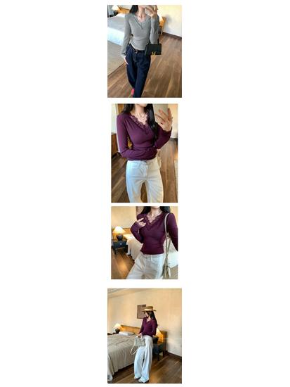 Women's Winter 2025 Slim-Fit V-Neck Apricot Lace Trim Base Shirt