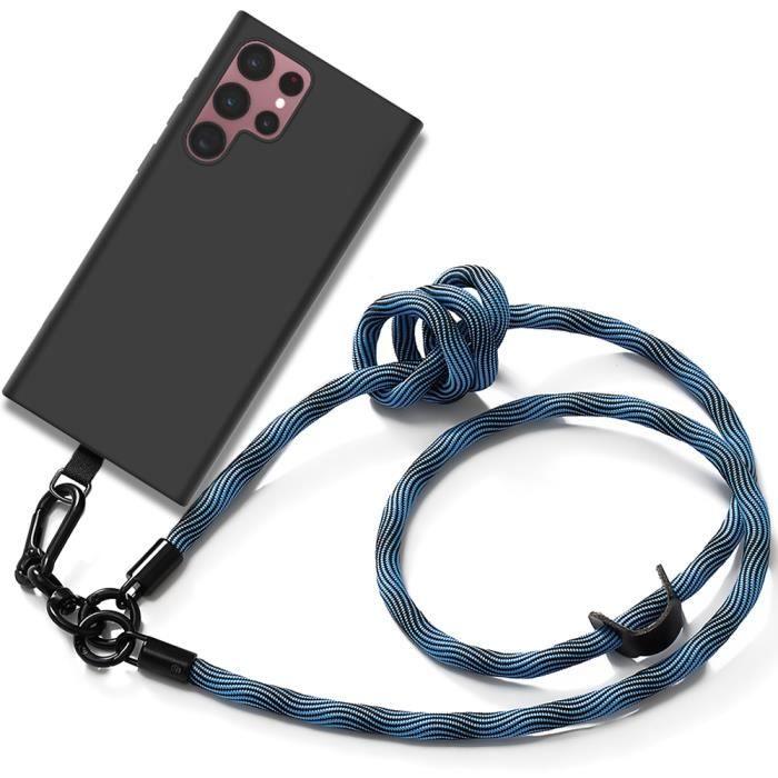 Coque Cordon pour Samsung Galaxy S22 Ultra - Silicone Noir Antichoc avec Cordon en Bleu