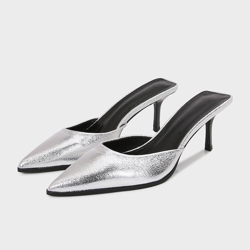 

Fashion Silver Women s Slippers Sexy Pointed Toe Slide Sandals Elegant High Heel Mules Slippers Summer Comfort Slippers Zapatos De Mujer 35