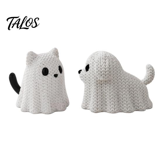 Talos 3D Printed Ghost Dog/Cat Figurine Ornaments, Knitted Texture Halloween Animal Decorations, Small Cute Puppy/Kitten Gifts for Home Desk Display