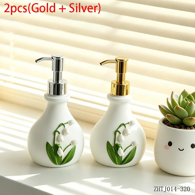 Modern White Ceramic Soap Dispenser Bottle Embossed Lily of the Valley for Bathroom Kitchen Sink Decor Housewarming Gift