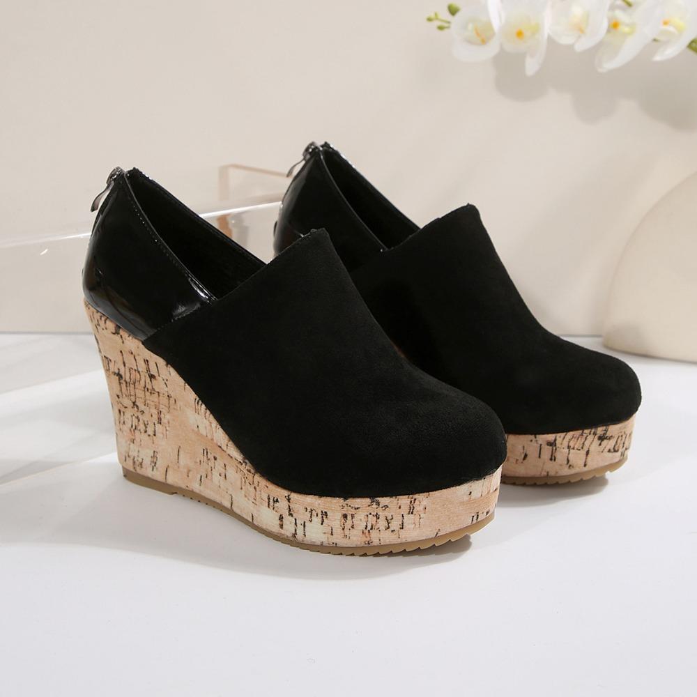 Casual Women's Shoes Large Size Wedge Heel Single Shoes Women's Loafers Spring New Leather Splicing Zipper Platform Shoes Woman