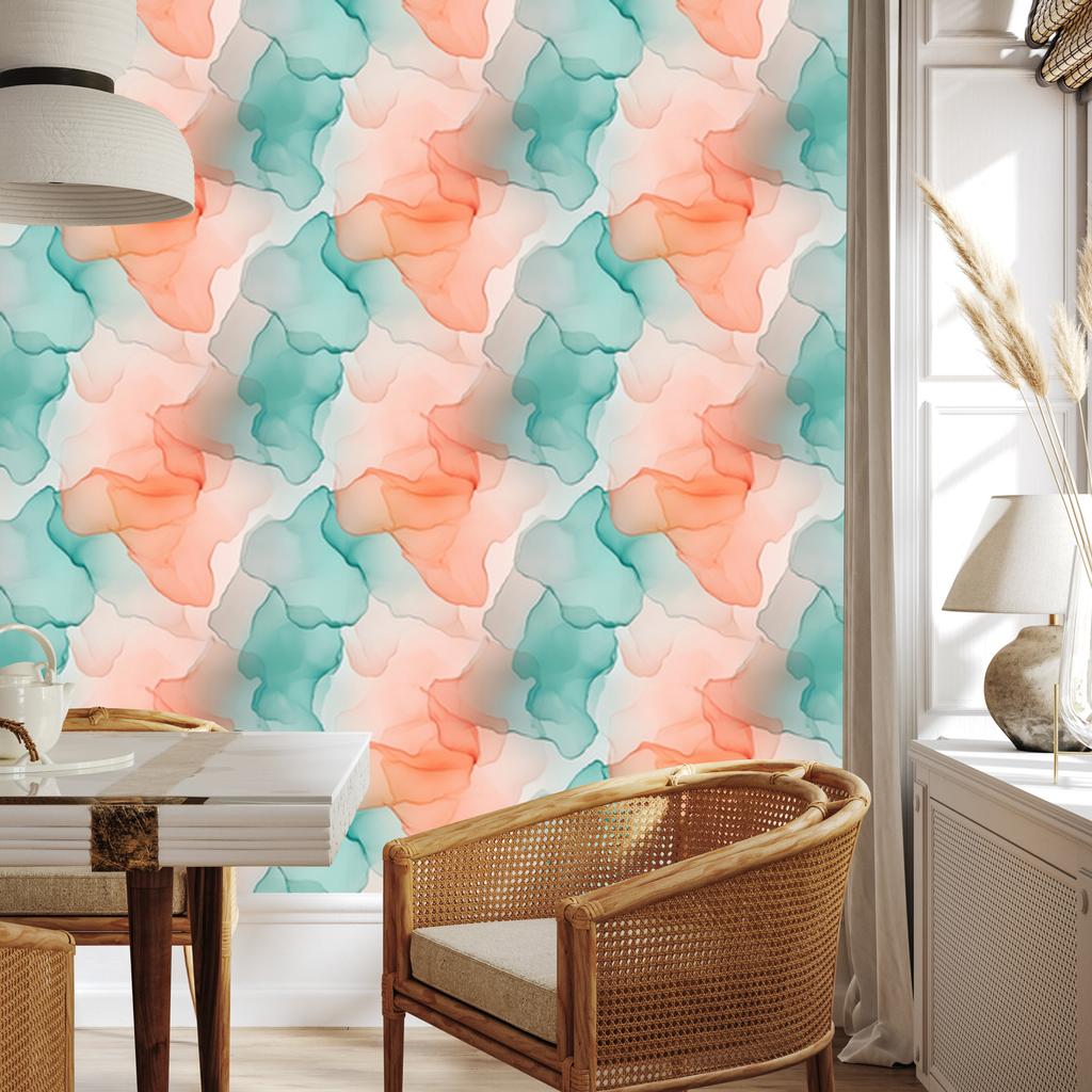 Peach and Sea Blue Ink Wallpaper for Living Room and Bedroom 50x1000
