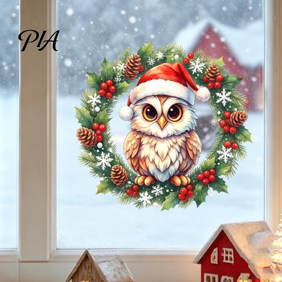 Festival Atmosphere Supplies Christmas Owl Wreath Static Window Cling, Winter Holiday Glass Sticker, Customizable Patterns No?Glue Reusable