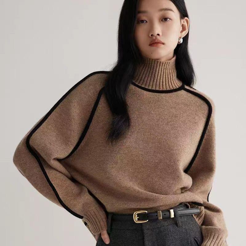 Women Autumn Winter Turtleneck Black Trim Knit Pullover Loose Sweater