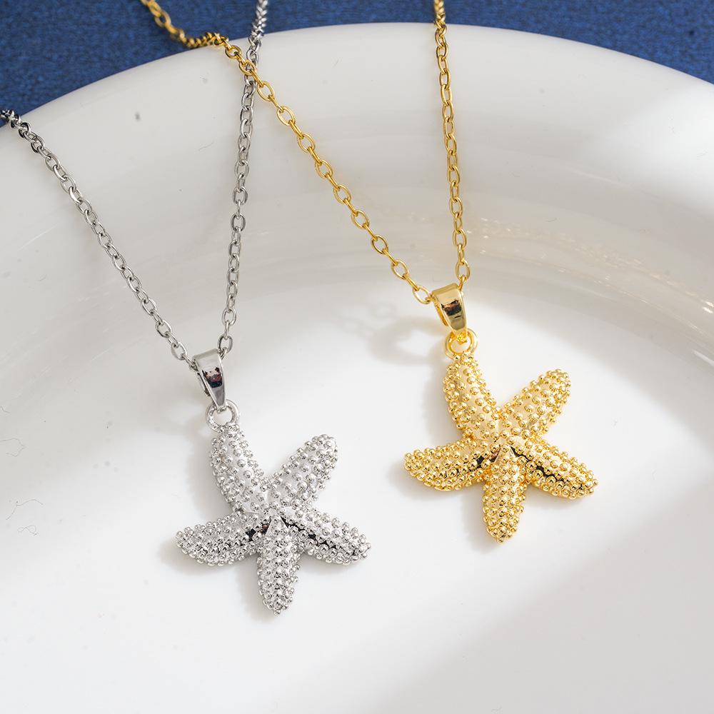 Starfish Pendant Necklace - Five-Pointed Star, Titanium Steel, Holiday Style, Colorfast Finish.