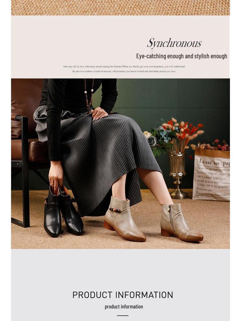 Women's 2025 Retro Low-Heel Pointed Toe Ankle Boots: High-Quality Full Leather Inside & Out, Autumn/Winter Fashion.
