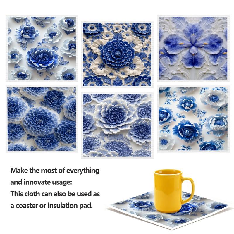 Cleaning Cloth Reusable Kitchen Dish Towels Eco-friendly Microfiber Blue and White Pattern Dishcloths Lint Free Washable Duster Rags Tea Towels