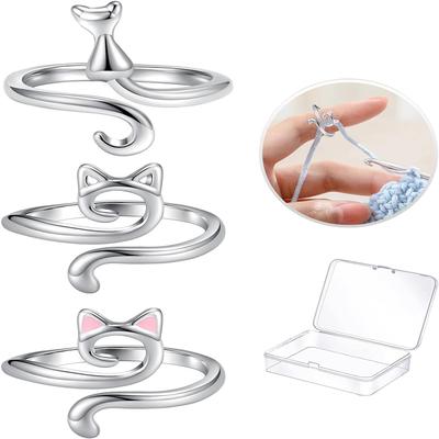Cute Cat Ears Crochet Wire Ring Adjustable Tension Knitting Loop Sewing Yarn Accessories Thread Wrapped Rings Crochet Tools