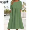 QICED Women's Fashion Summer Spring Solid Color Print Short Sleeve O-Neck High Waist Casual Dresses