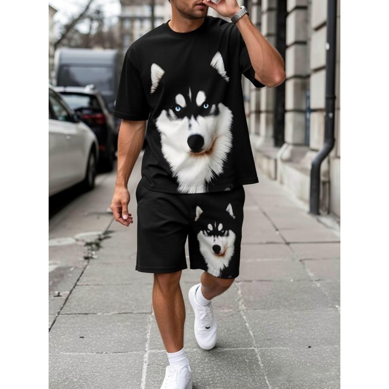 Men s printed short-sleeved T-shirt + shorts set casual sports suit S