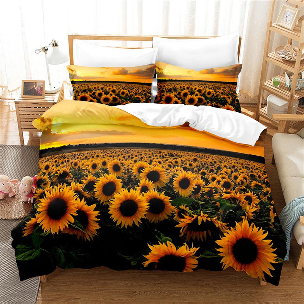 Sunflower Duvet Cover Set Double Size for Teens Floral Branches Bedding Set Garden Theme Comforter Cover with Pillowcases 2 Pcs