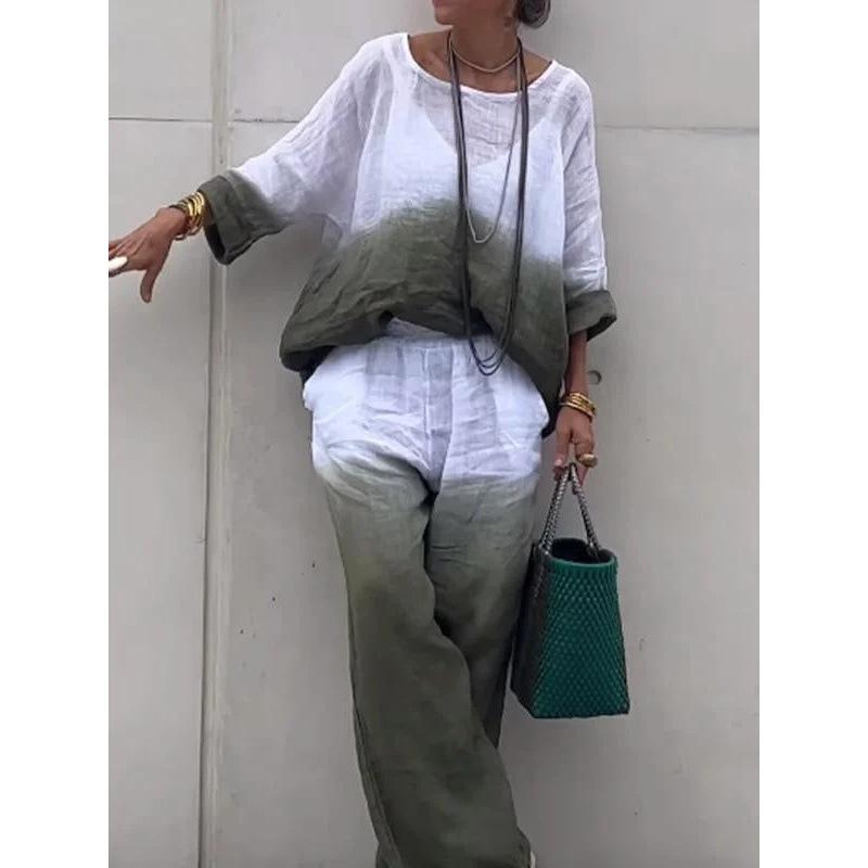 Women's Loose Fit Two-Piece Outfit Set 3/4 Sleeve Boat Neck Top High Waist Wide Leg Pants